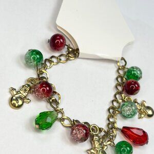 Christmas-Themed Gold-Tone Charm Bracelet With Red & Green Beads And Snowman Cha